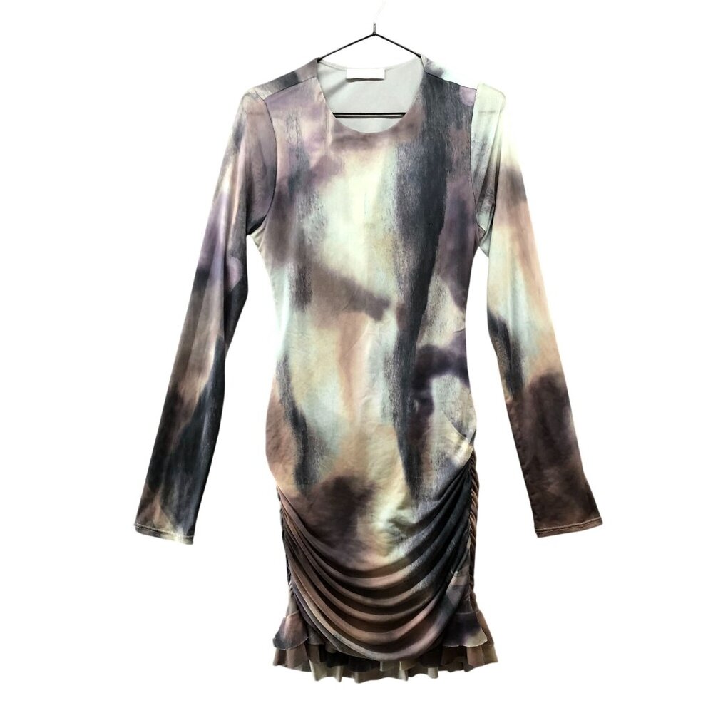 Emory Park Mesh Long Sleeve Mini Dress Womens L‎ Tie Dye Gray Ruched Bodycon